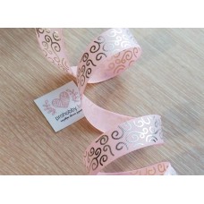 Лента репсовая 25 мм "Узор", розовый/серебро